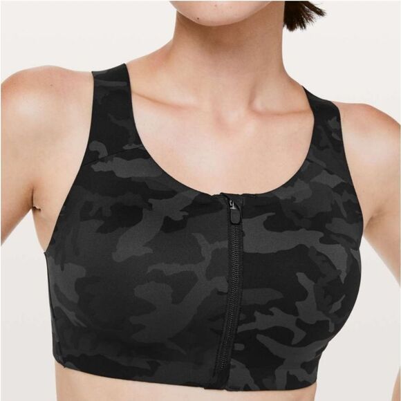 Lululemon Enlite Zip Up Front Black Camo Sports Bra Womens Sz 34D - Picture 1 of 10